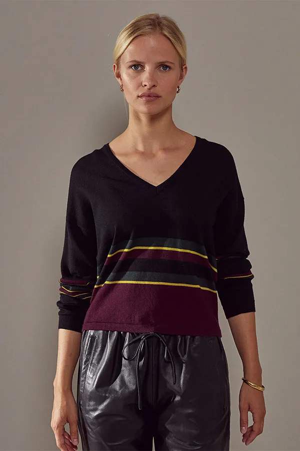 Rodier BLACK STRIPED MERINO WOOL V-NECK SWEATER