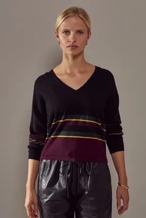 Rodier BLACK STRIPED MERINO WOOL V-NECK SWEATER