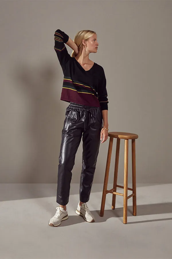 Rodier BLACK STRIPED MERINO WOOL V-NECK SWEATER