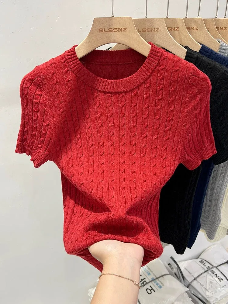 Round neck apricot short-sleeved sweater for women summer 2024 new design twist slim short t-shirt top trendy