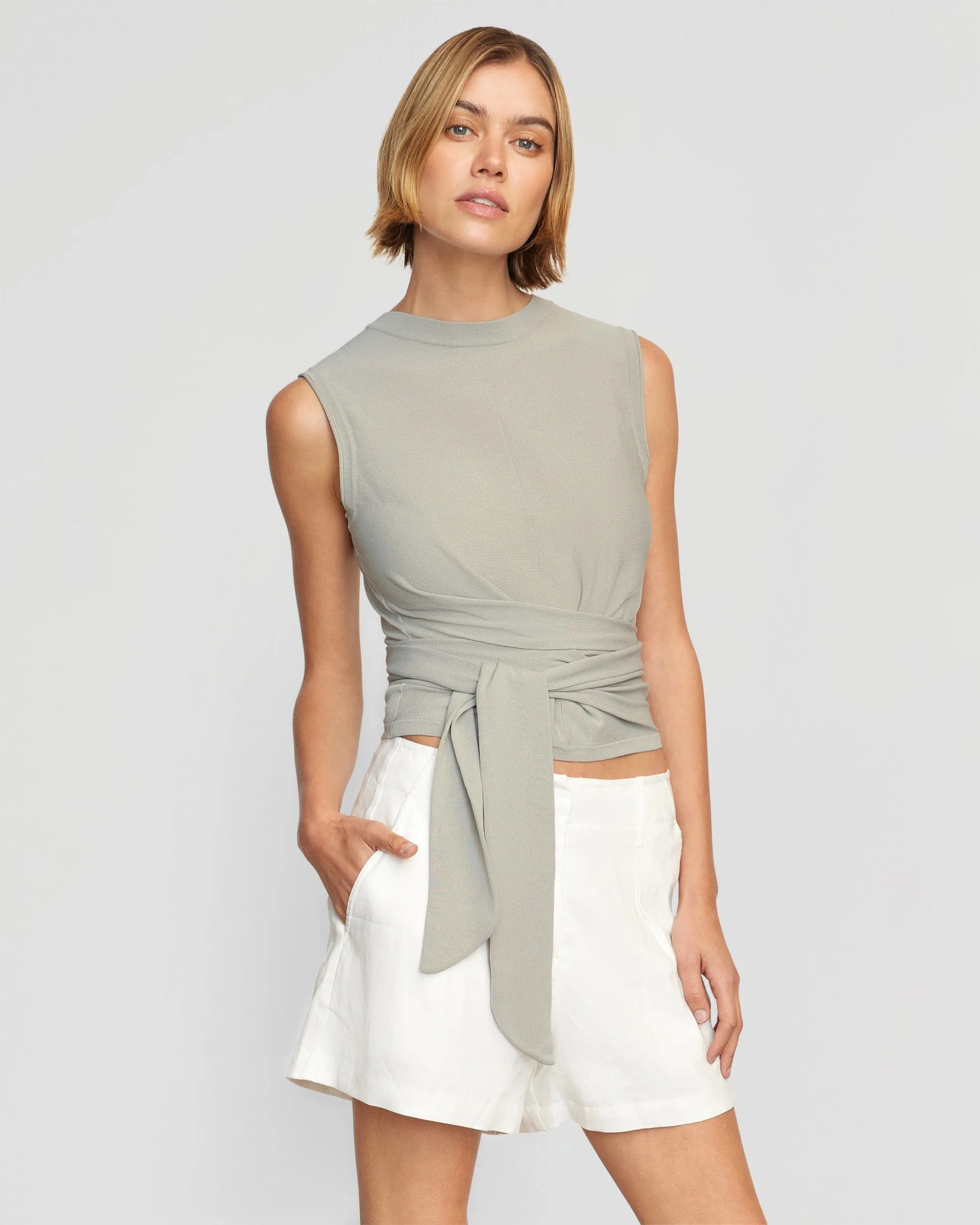 Rumi Cropped Sleeveless Wrap Top | Dusty Sage