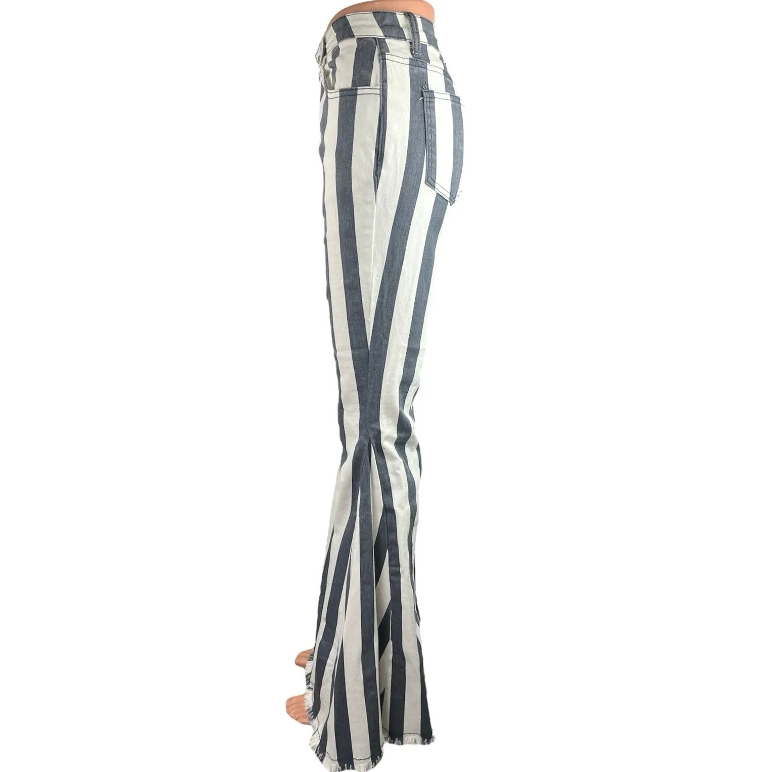 Saints & Hearts Womens Blue Striped Frayed Hem High Rise Flared Leg Jeans Size M