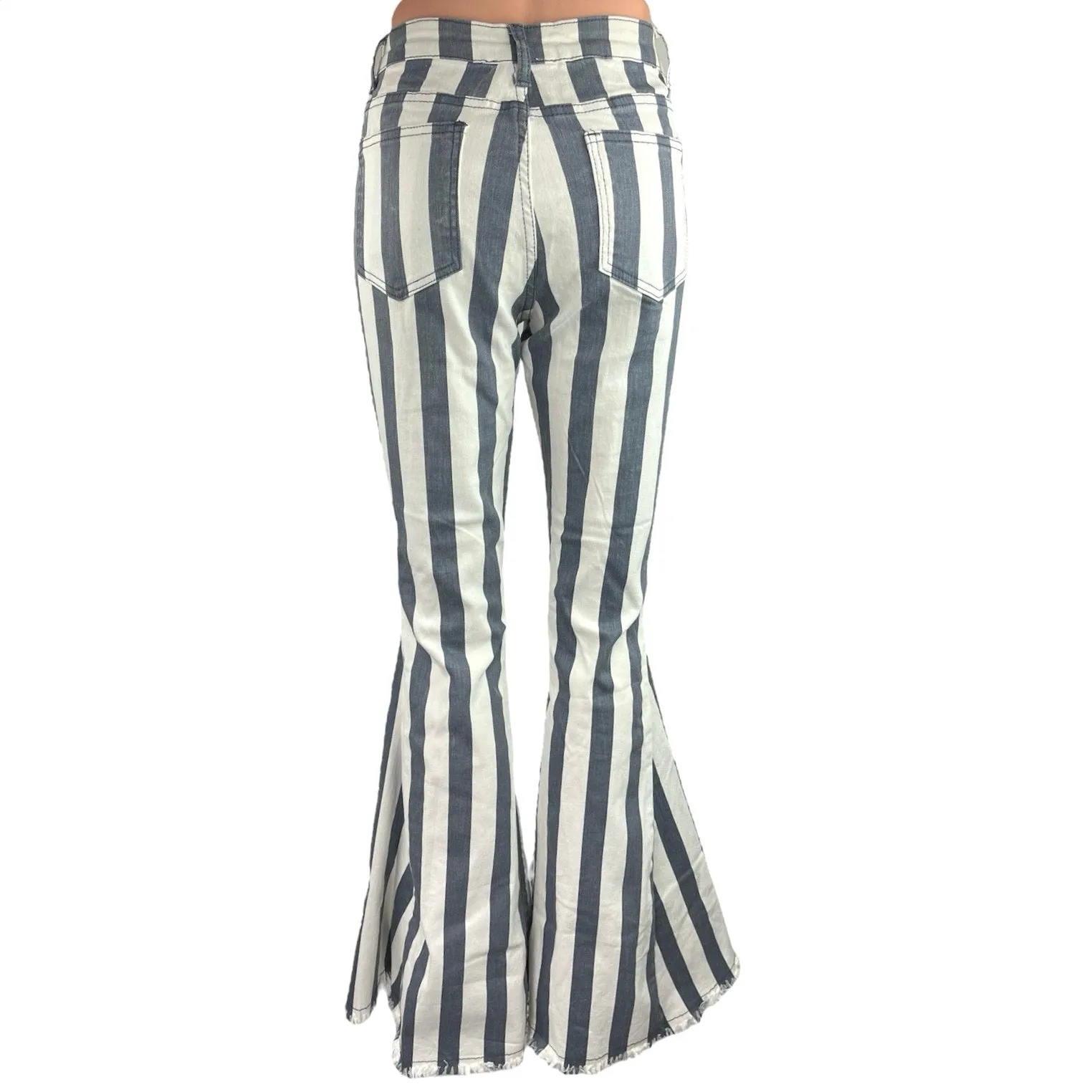 Saints & Hearts Womens Blue Striped Frayed Hem High Rise Flared Leg Jeans Size M