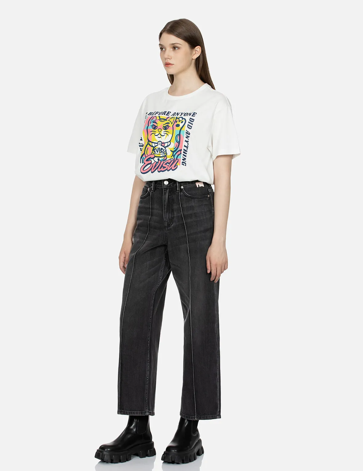 Seagull Embroidery with Logo-pattern Pocket Wide-leg Denim Jeans