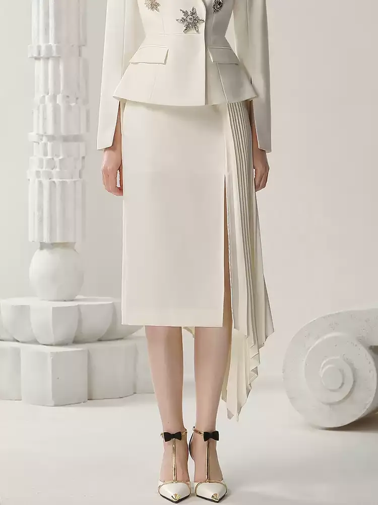 Set-Up Broach Asymemtry Pleats Peplum Suit Jacket＆Long-Skirt