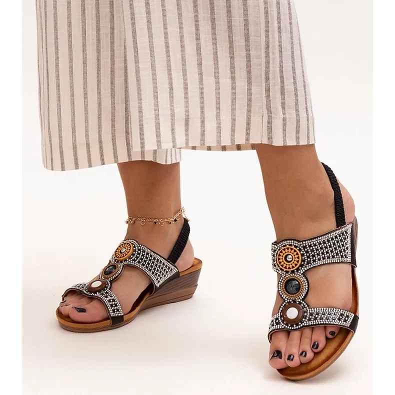 Shiny low wedge sandals by Azeeza black