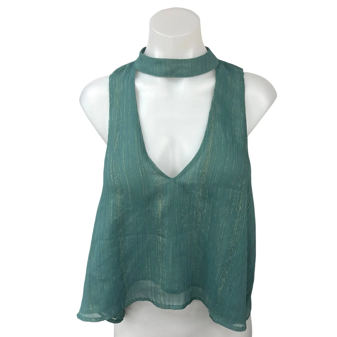 Show Me Your Mumu Green Metallic Sleeveless V-neck Choker Cutout Tank Top Size M