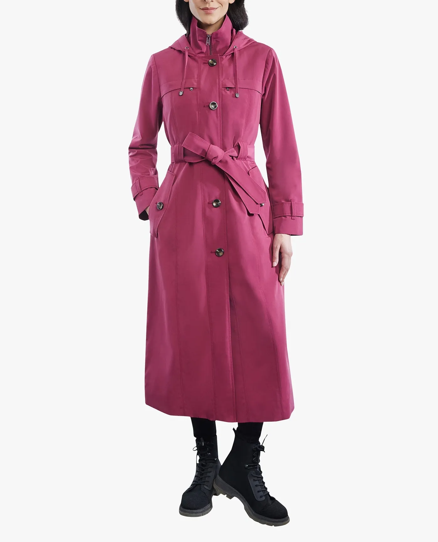 SINGLE BREASTED BUTTON FRONT HOODED MAXI TRENCH WITH BELT