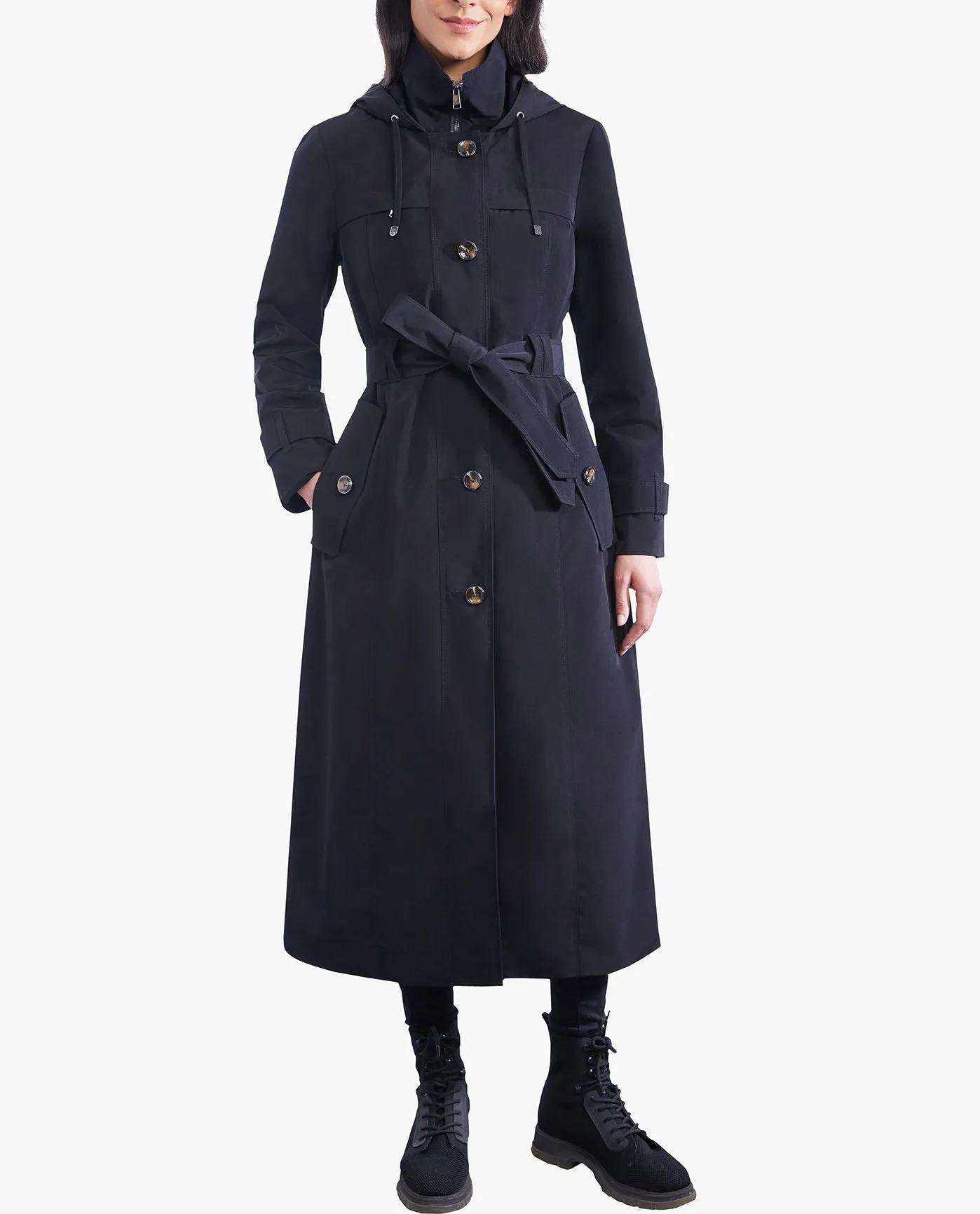 SINGLE BREASTED BUTTON FRONT HOODED MAXI TRENCH WITH BELT