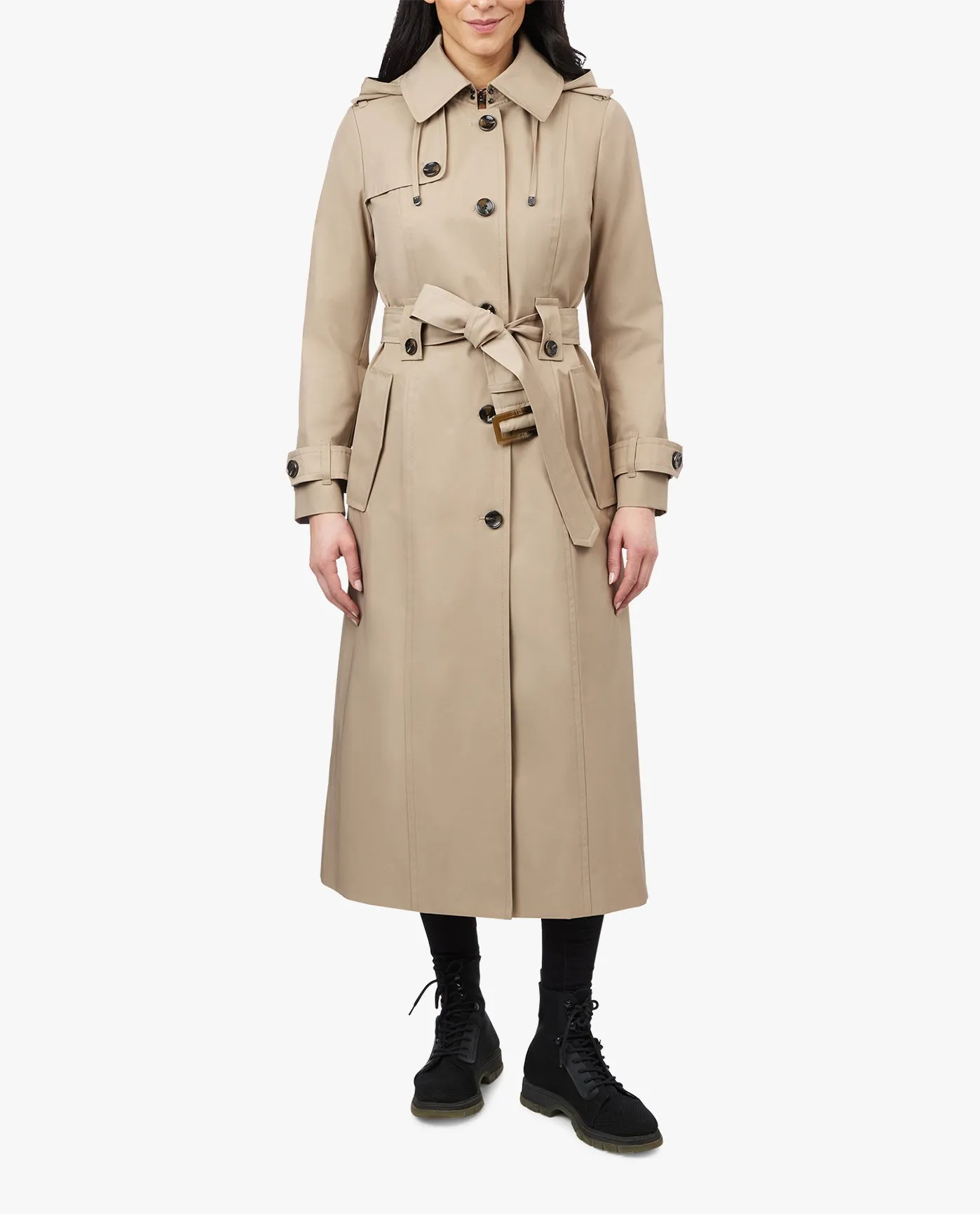 SINGLE BREASTED HOODED MAXI TRENCH WITH BELT