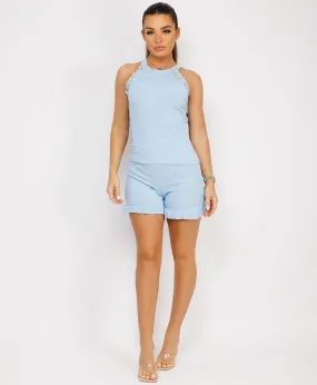 Sky Blue Sleeveless Top Button Detail Frilled Shorts Loungewear Set