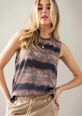 Smudged Effect Super Soft Horizontal Striped Sleeveless Top Made in USA