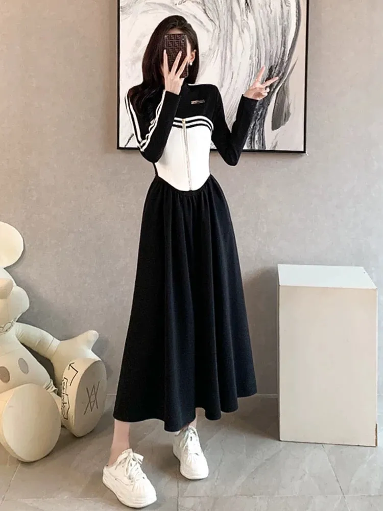 Spring 2024 New Casual Sweater Dress Women's Waist Temperament Long French Chic Unique Skirt
