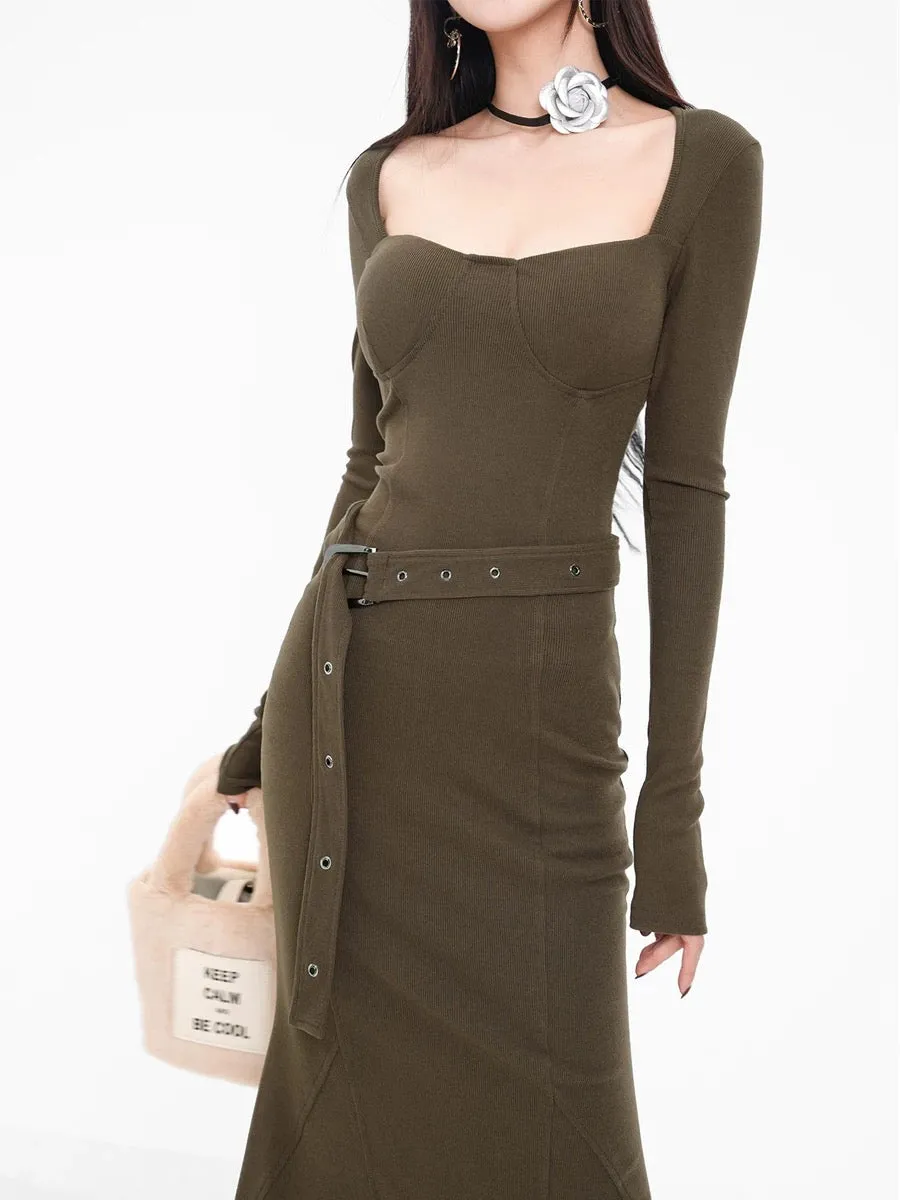 Spring and Autumn Hot Girl Knitted Dress Slim-fitting Bottoming Slimming Tight Sweater Little Mom Fishtail Stepmother Hip Skirt