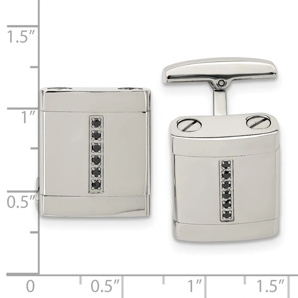 Stainless Steel & Black CZ Rectangle Cuff Links, 19 x 15mm