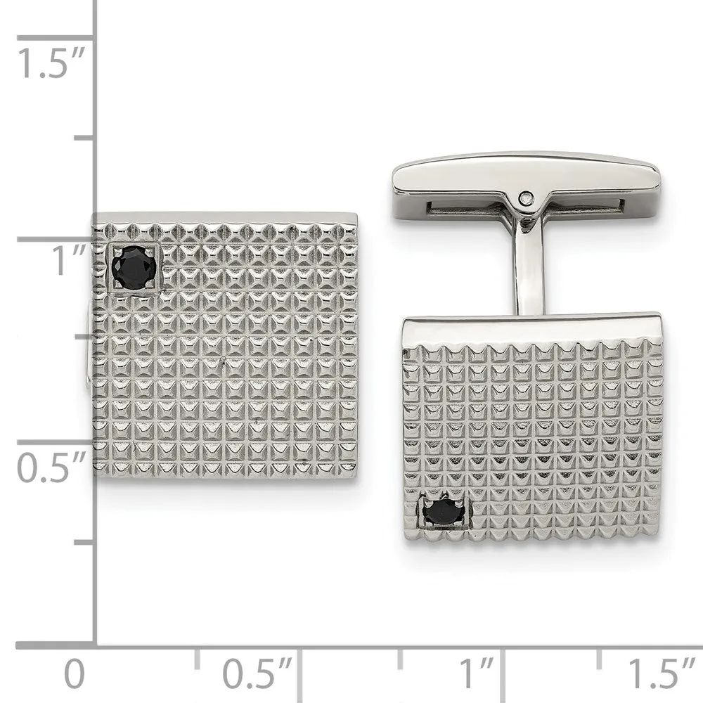 Stainless Steel & Black CZ Textured Square Cuff Links, 16mm