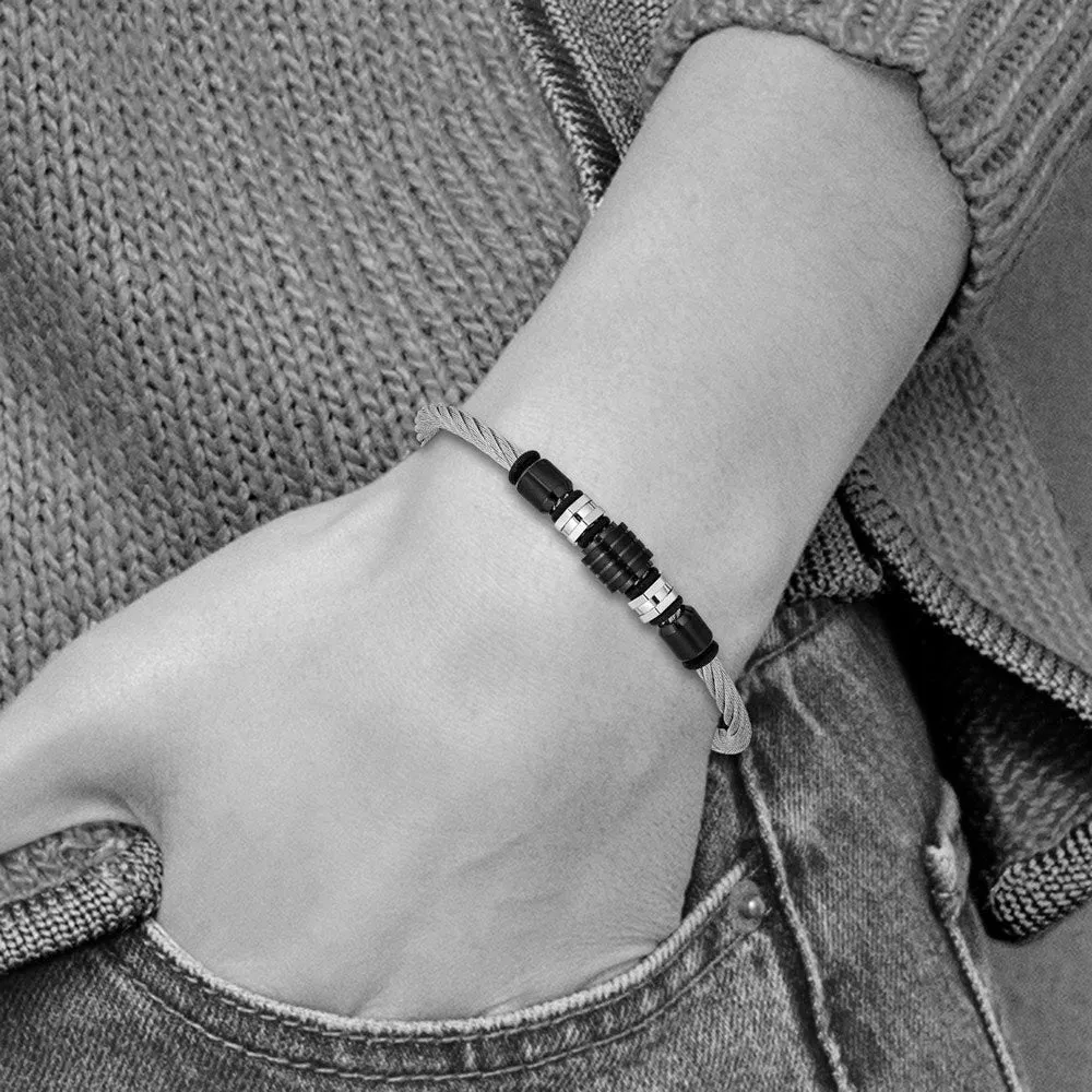 Stainless Steel & Black Plated Adjustable Bracelet, 8 to 8.75 Inch