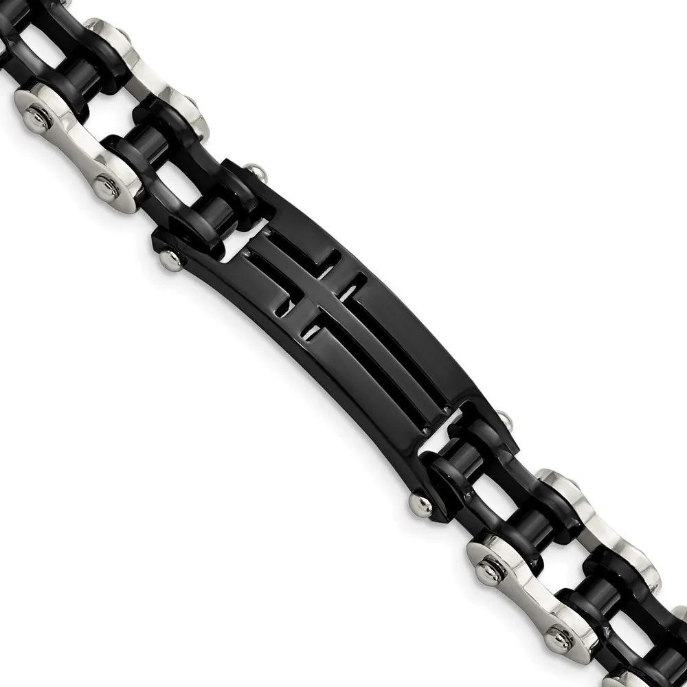 Stainless Steel & Black Plated Cross I.D. Bike Link Bracelet, 9 Inch