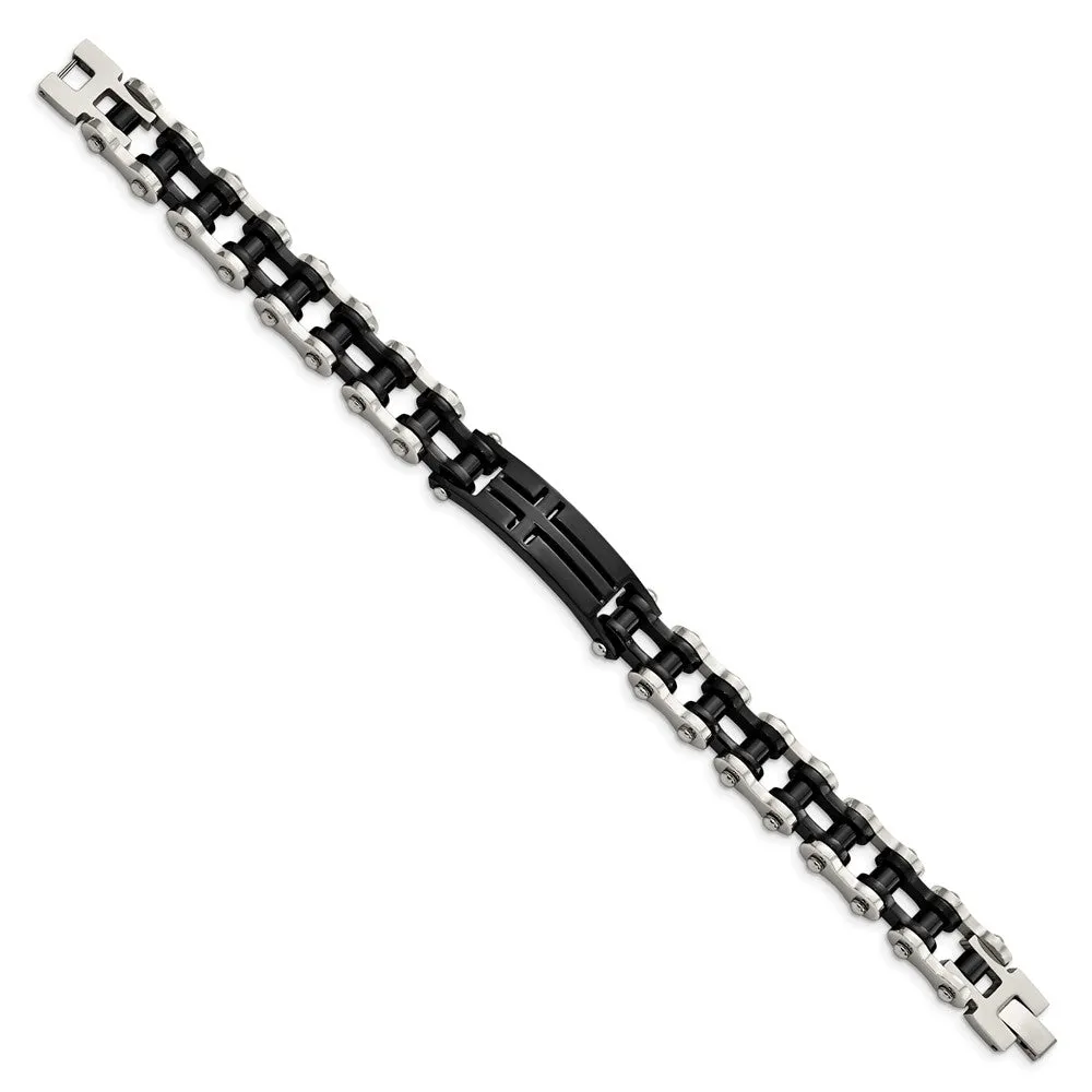 Stainless Steel & Black Plated Cross I.D. Bike Link Bracelet, 9 Inch