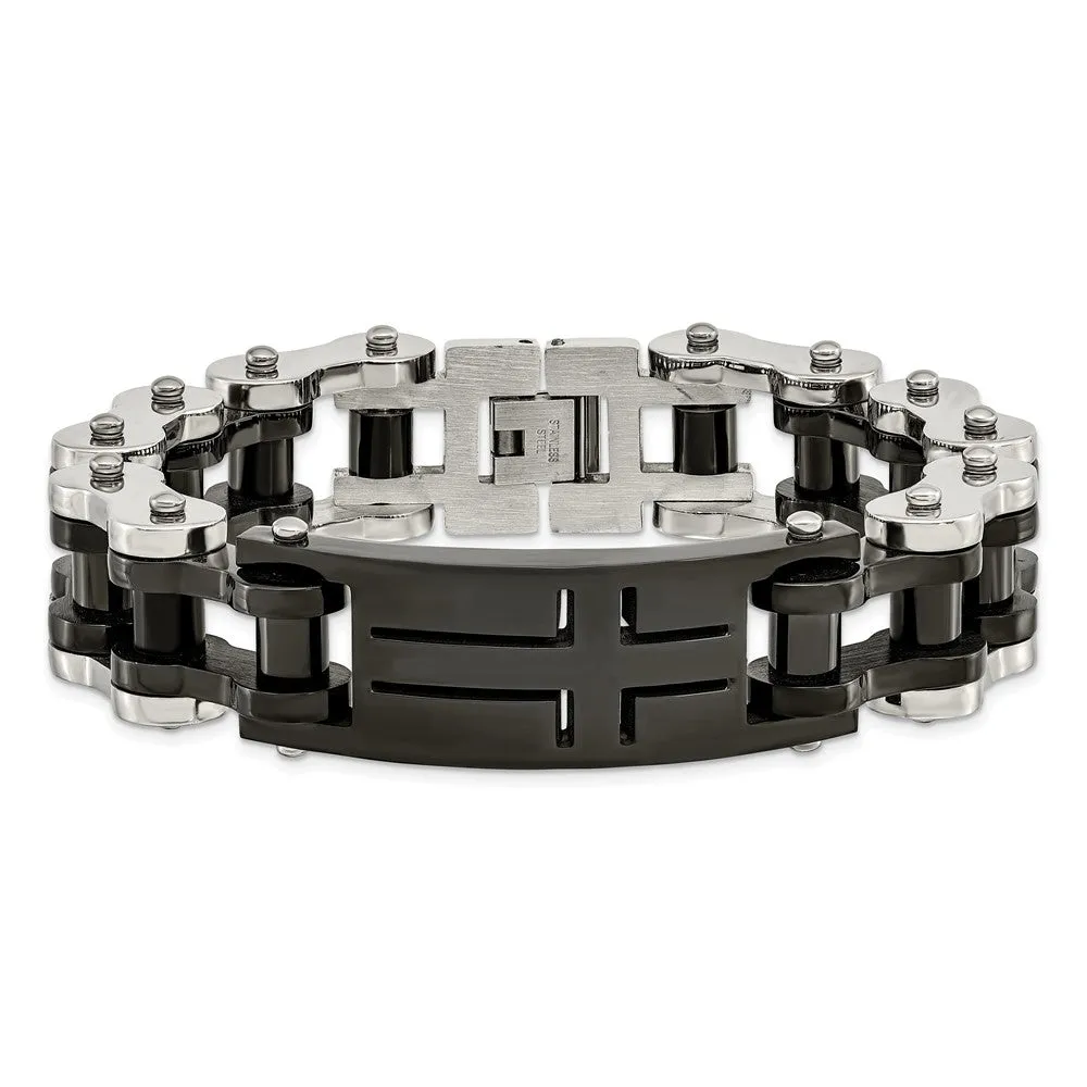 Stainless Steel & Black Plated Cross I.D. Bike Link Bracelet, 9 Inch