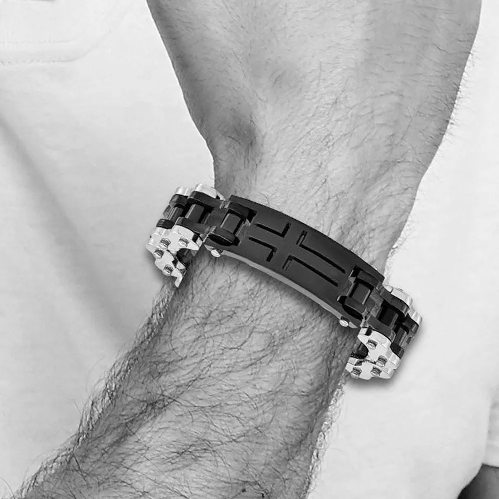 Stainless Steel & Black Plated Cross I.D. Bike Link Bracelet, 9 Inch