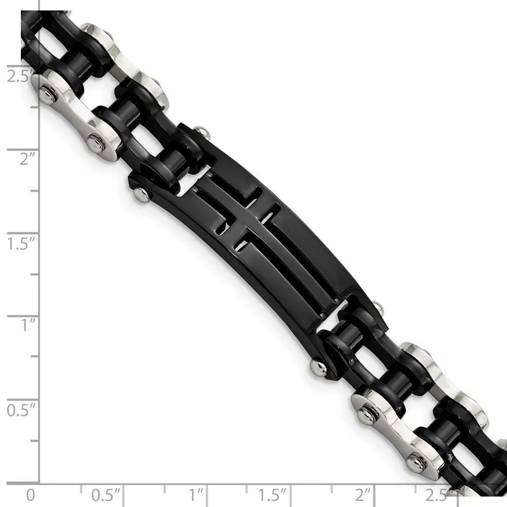 Stainless Steel & Black Plated Cross I.D. Bike Link Bracelet, 9 Inch