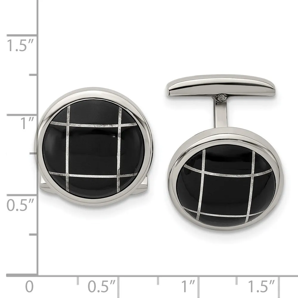 Stainless Steel & Black Plated Round Grid Cuff Links, 18mm