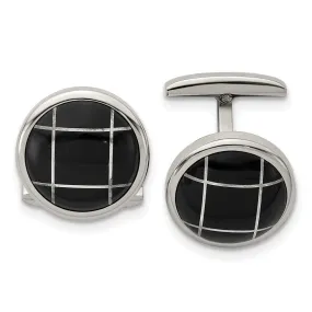 Stainless Steel & Black Plated Round Grid Cuff Links, 18mm