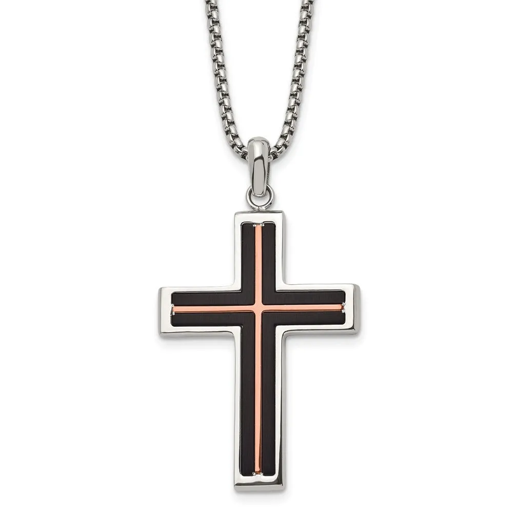 Stainless Steel Black & Rose Tone Plated Cross Necklace, 24 Inch