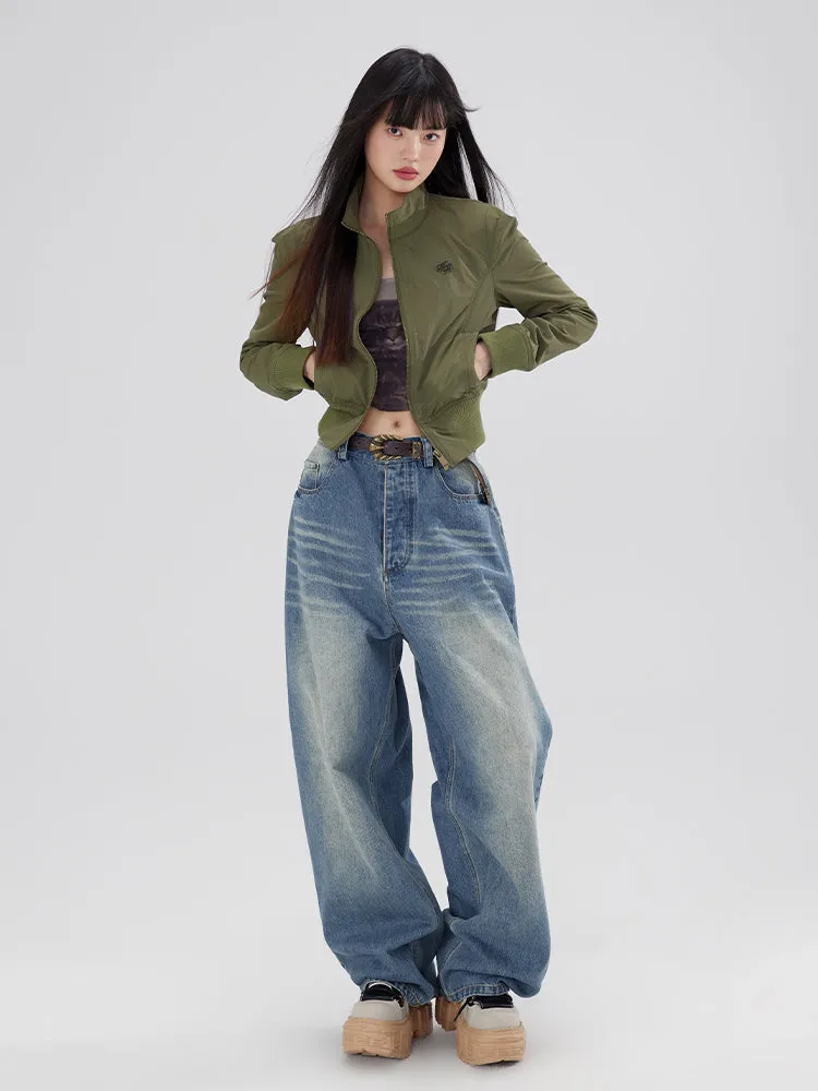 Stand-Collar Plain Vintage Casual Cool Blouson Jacket