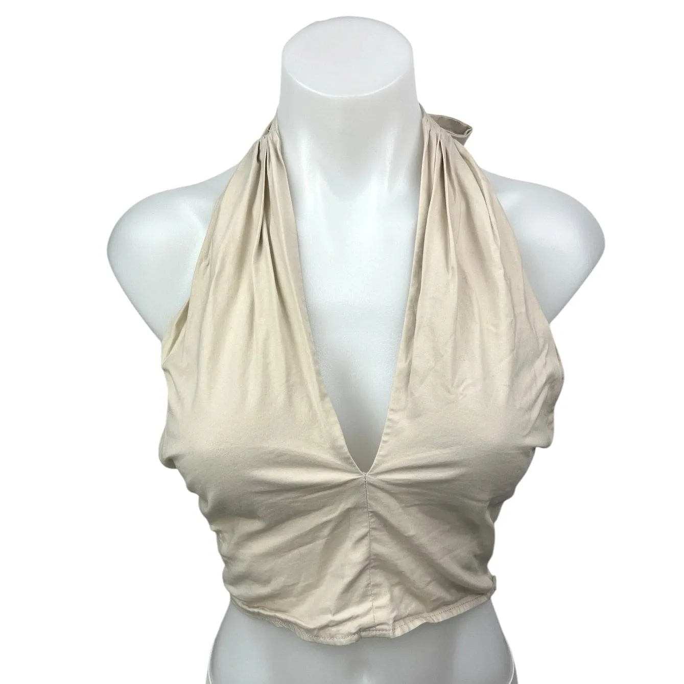 STAUD Beige Halter Tie Open Back Deep V Neck Sleeveless Crop Tank Top Size 0