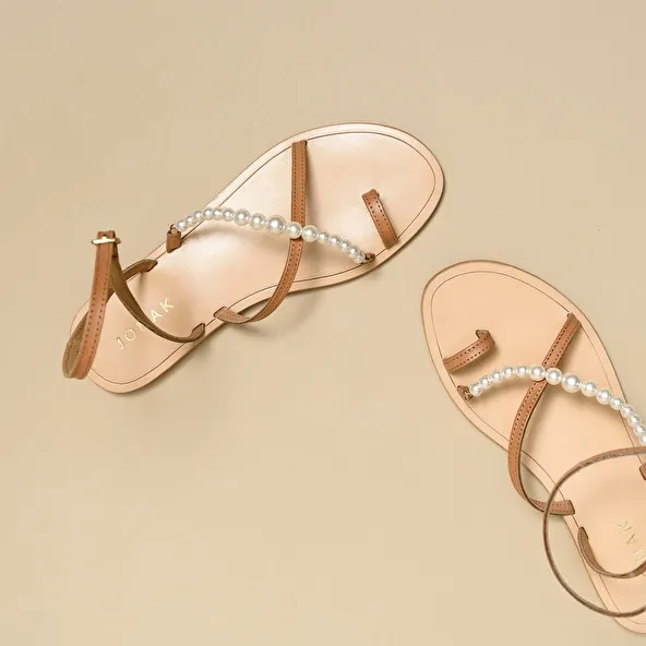 Strappy and beaded sandals in camel leather