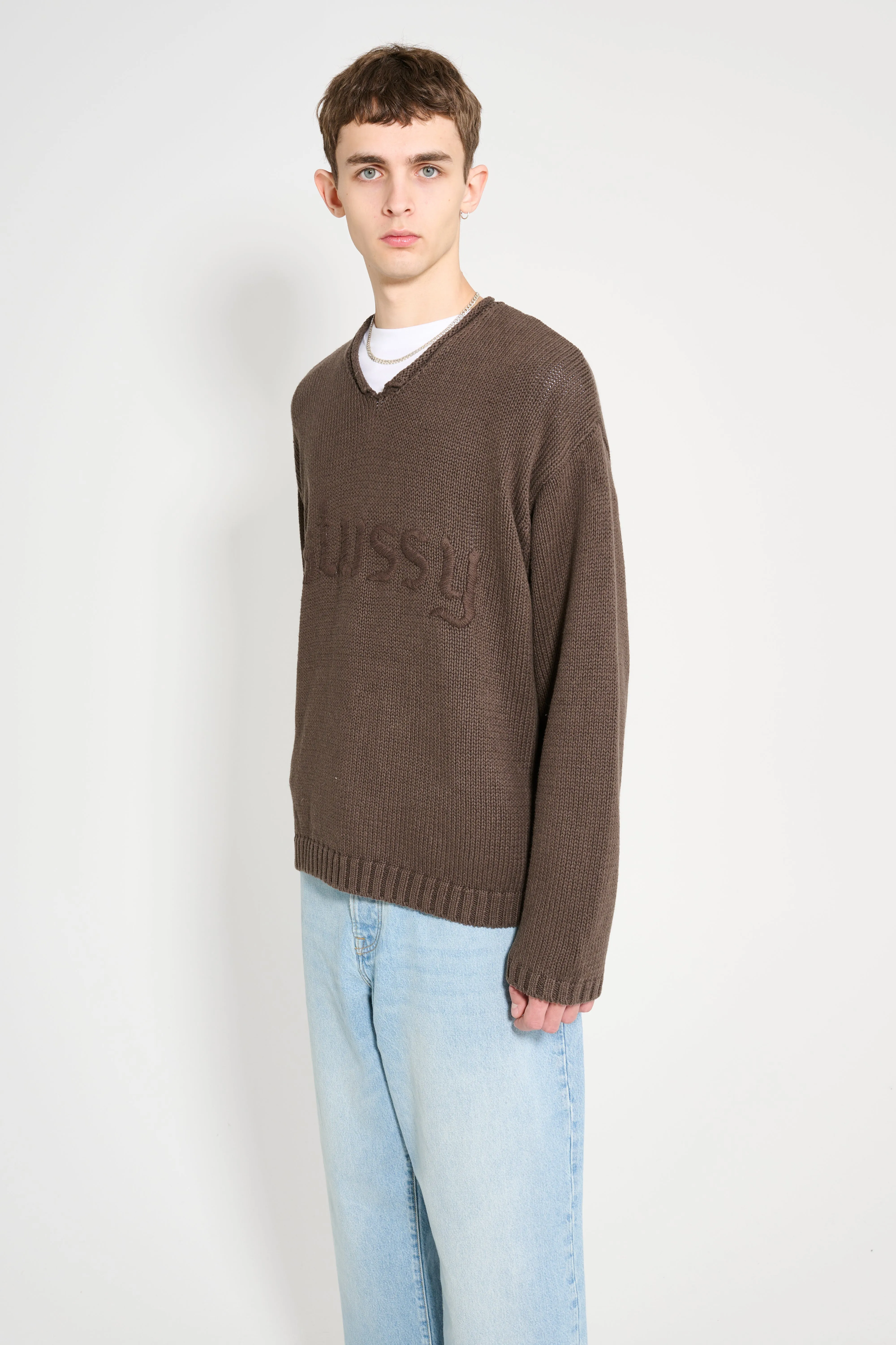 Stüssy Roll V-Neck Logo Sweater Brown