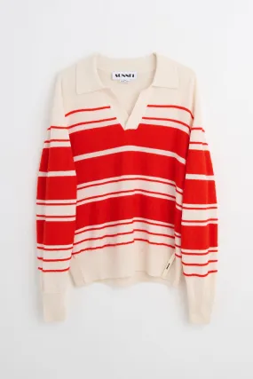 SUNNEI Striped Knit Ls Polo Off White / Acid Red
