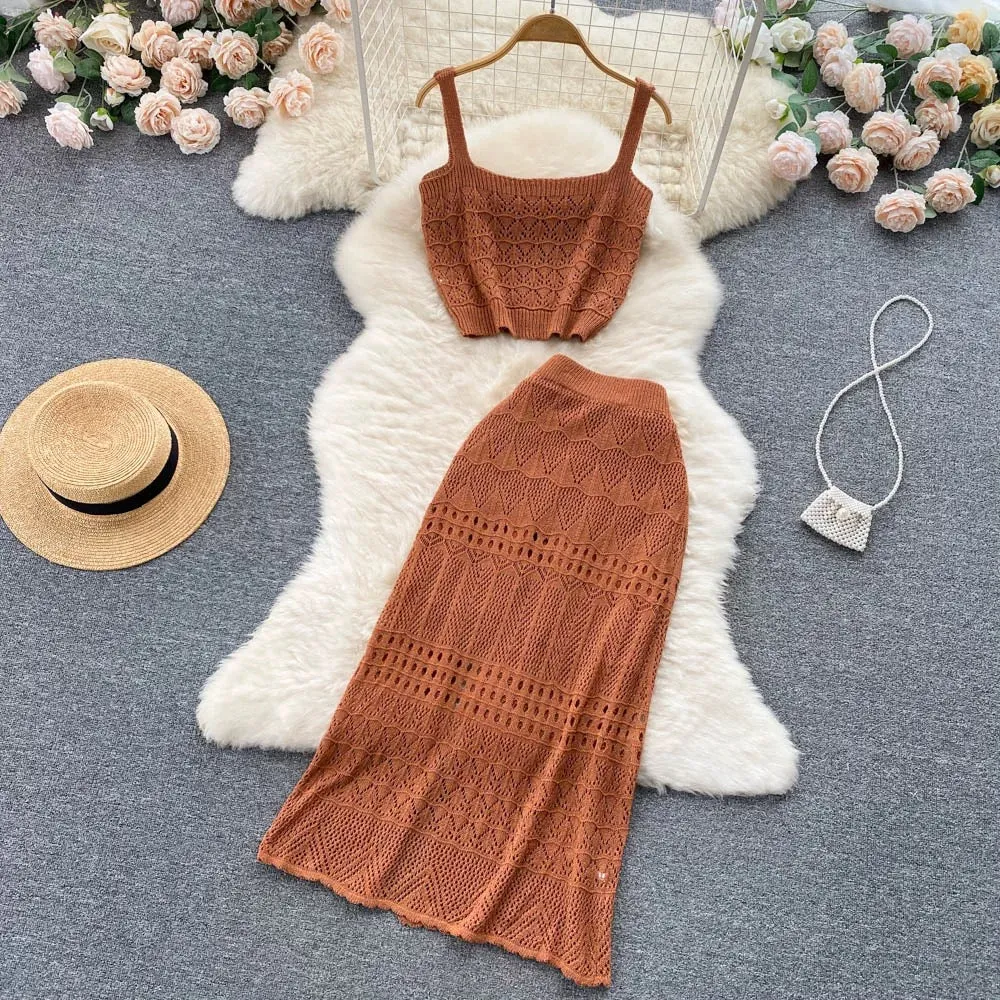Sweet and spicy style fashion hollow camisole vest women's short outer wear knitted two-piece suit high waist split skirt summer