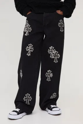 Tall Baggy Leopard Cross Applique Jeans