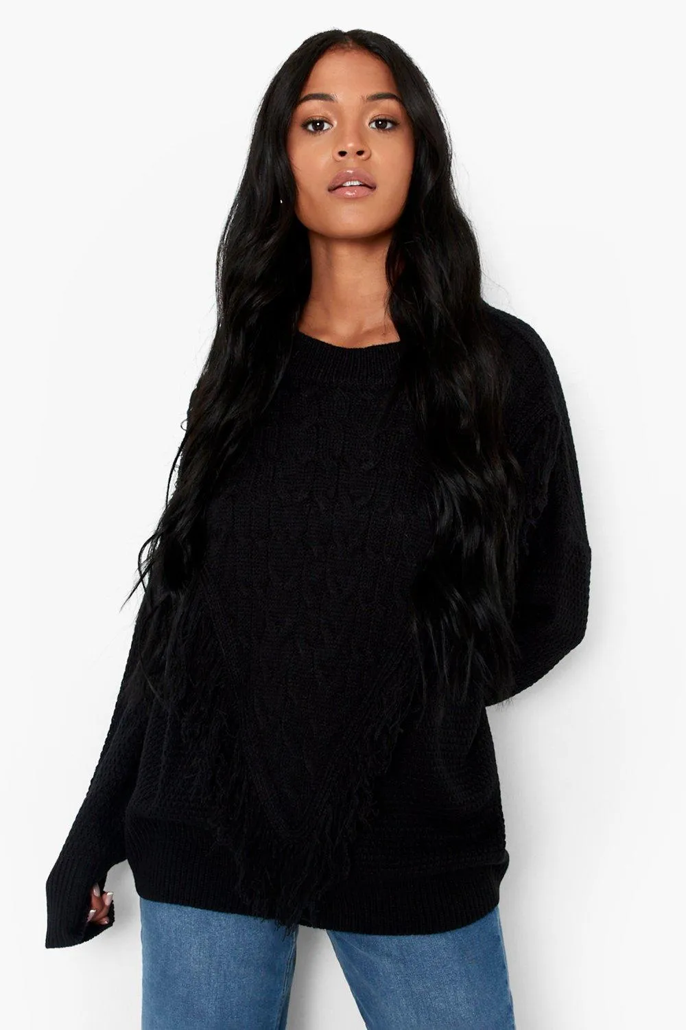 Tall Cable Knit Fringed Oversized Sweater