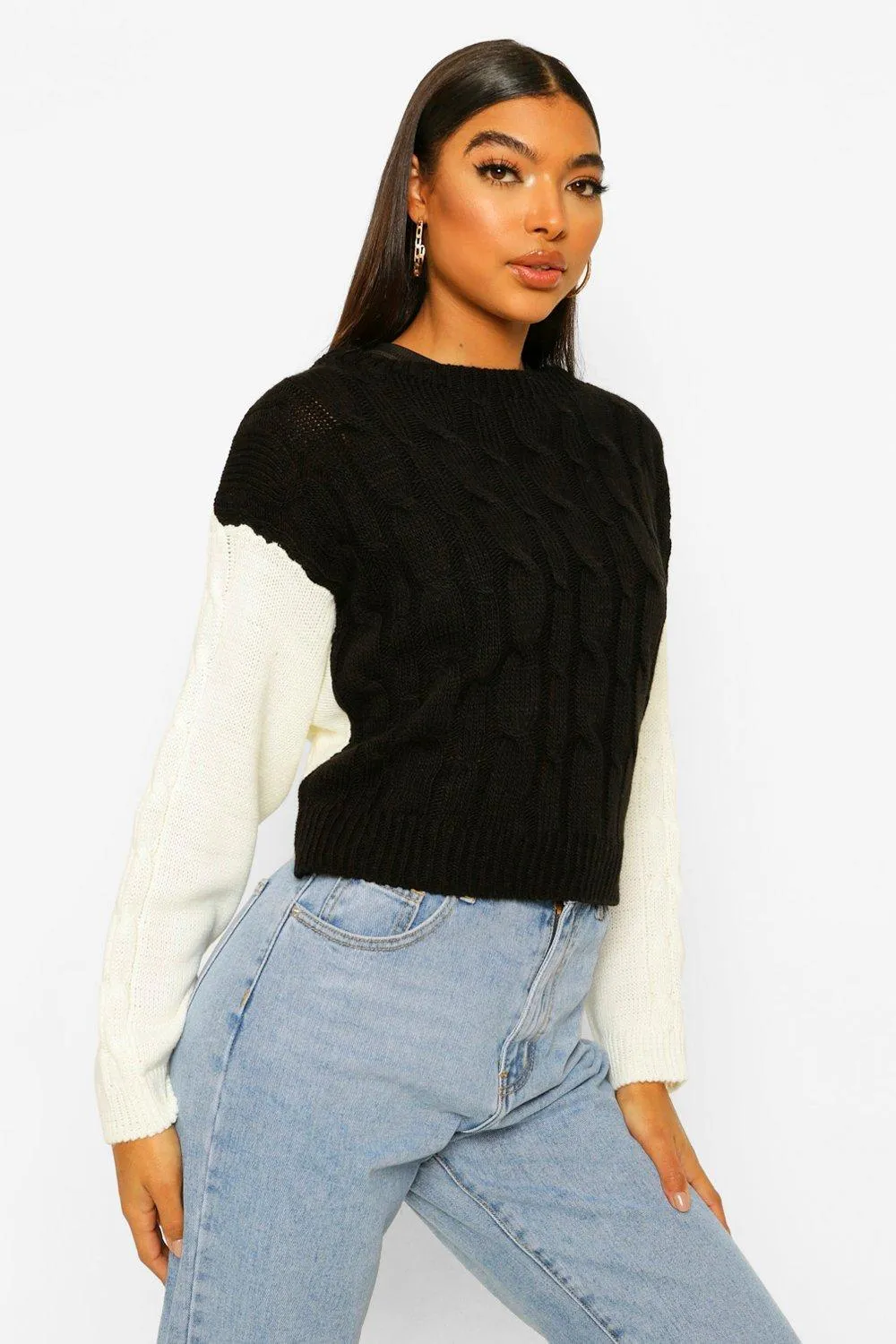 Tall Colour Block Cable Knitted Sweater