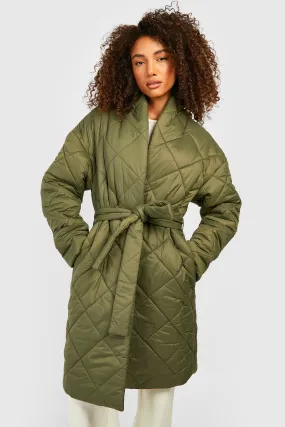 Tall Diamond Quilt Belted Duvet Puffer Jacket