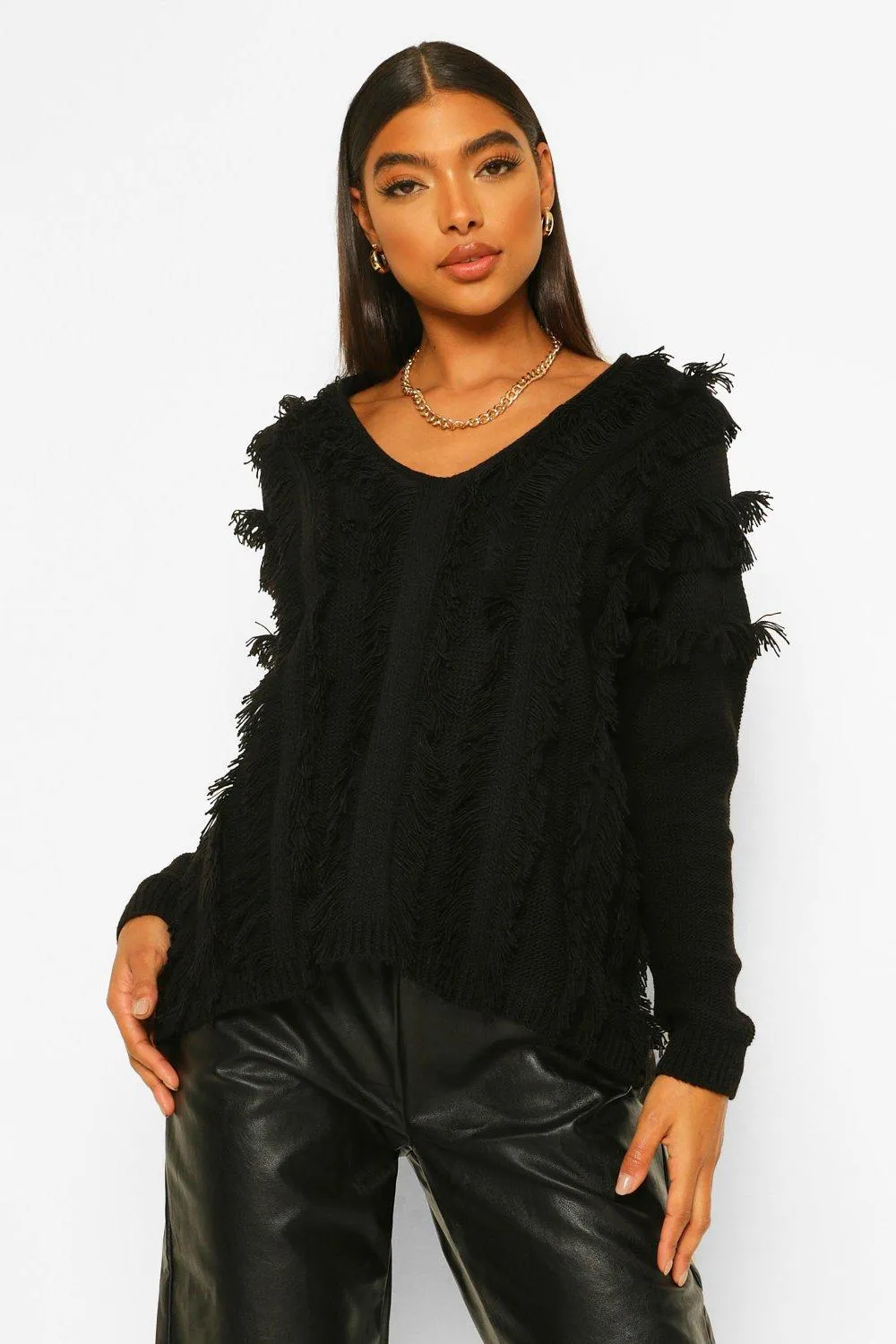 Tall Fringe Detail V-Neck Sweater