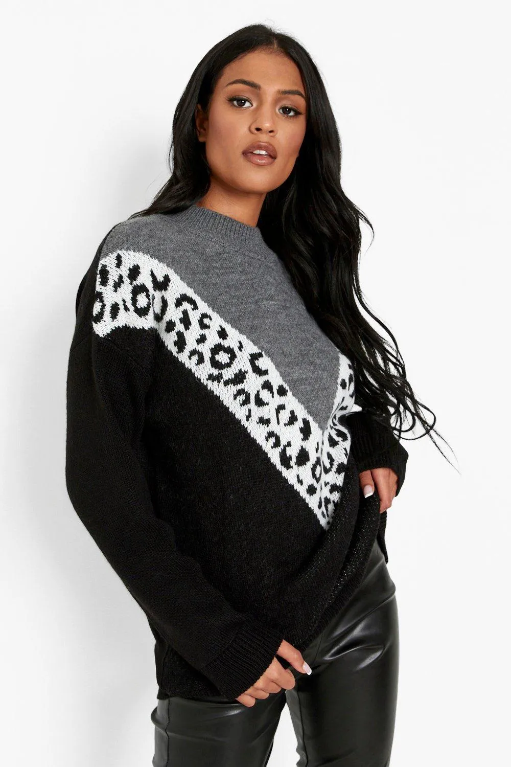 Tall Leopard Detail Knitted Sweater