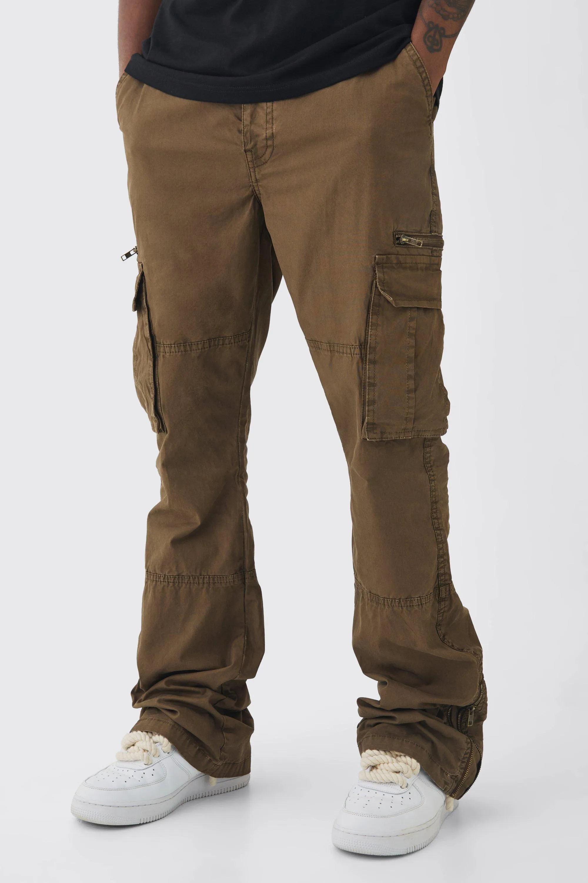 Tall Slim Flare Zip Gusset Overdye Acid Wash Cargo Pants In Chocolate