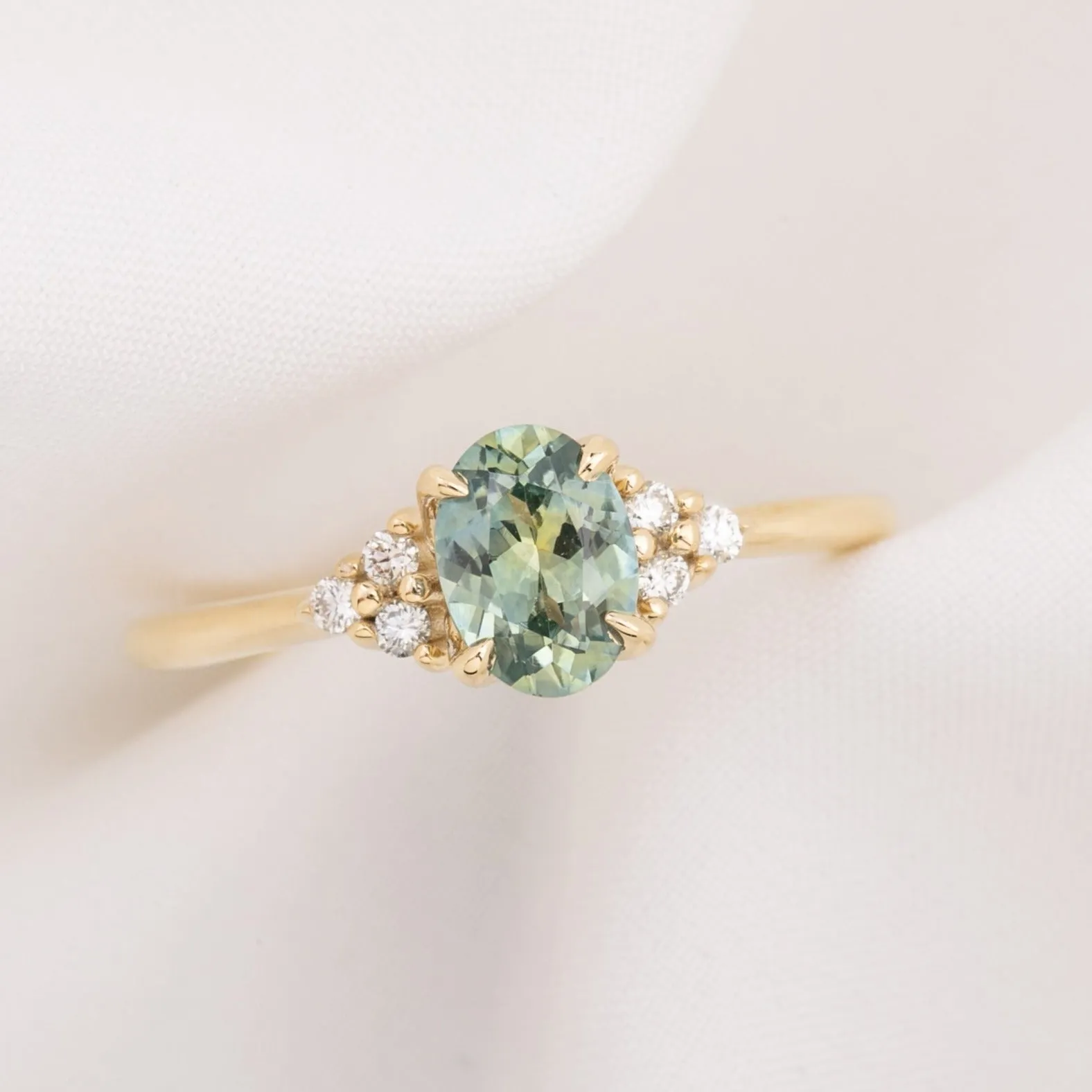 Teresa Ring 0.95ct Light Parti Aqua Green Montana Sapphire, 14k Yellow Gold (One of a kind)