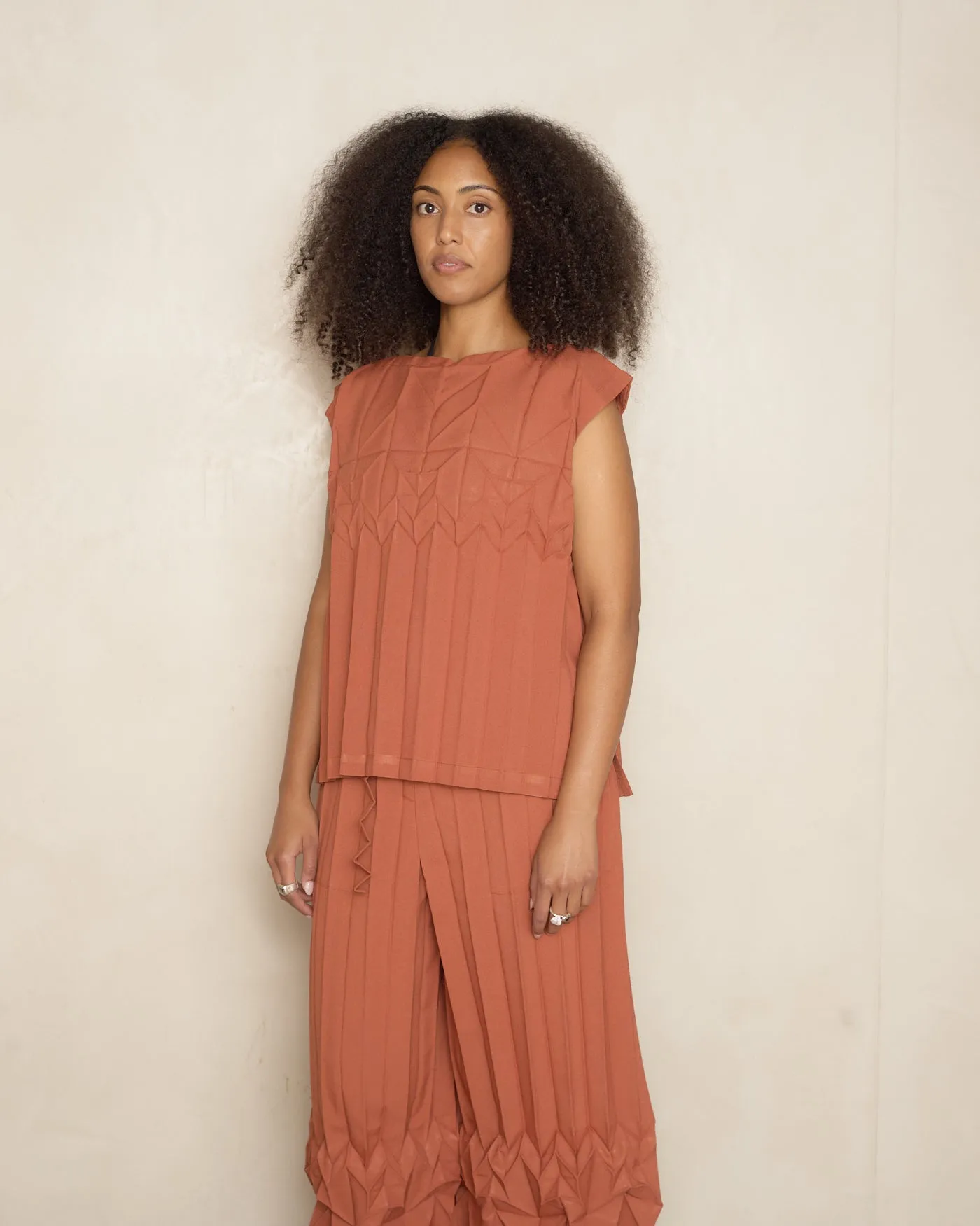 Terracotta Sleeveless Cube Pleat Top