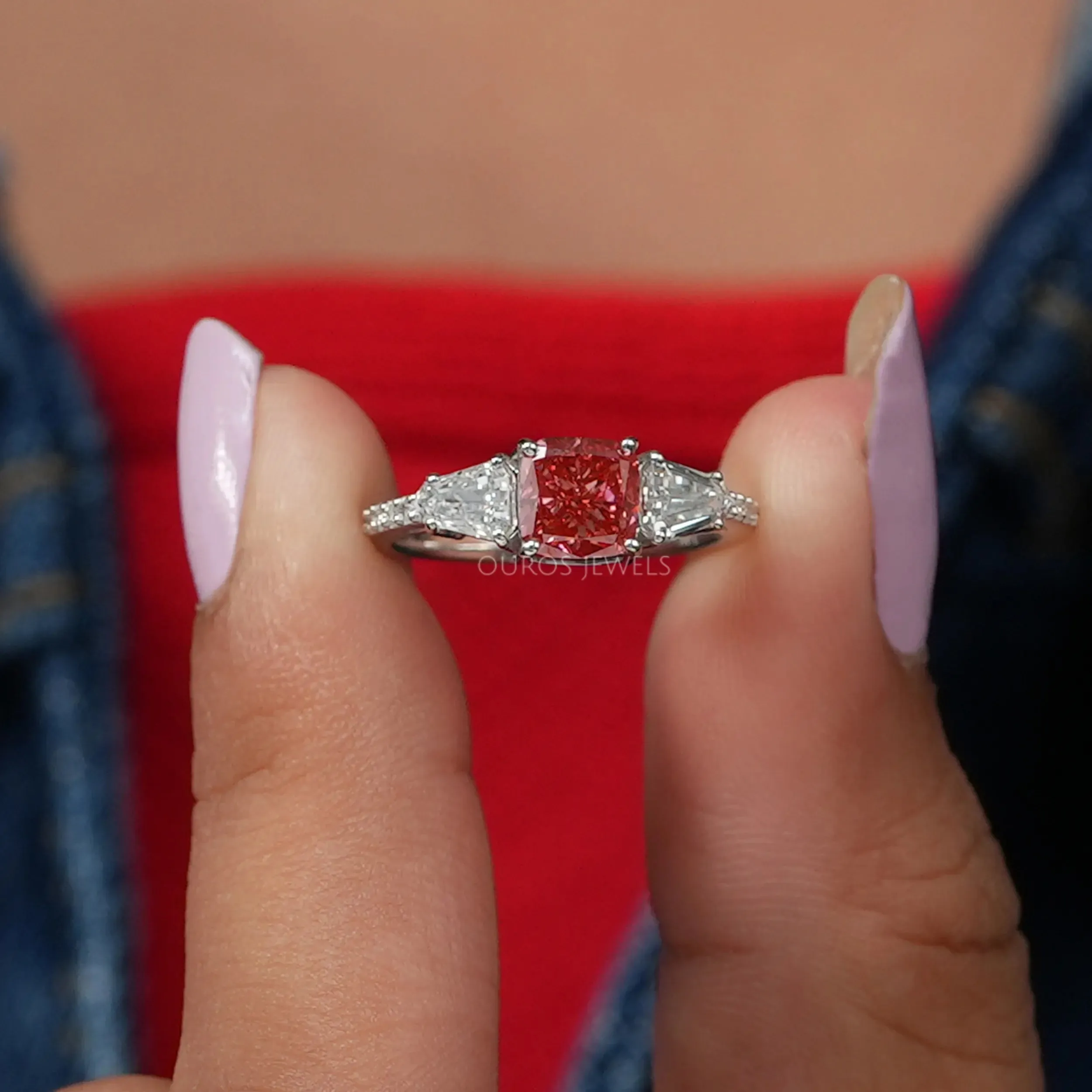 Three Stone Pink Cushion Accent  Diamond  Engagement Ring