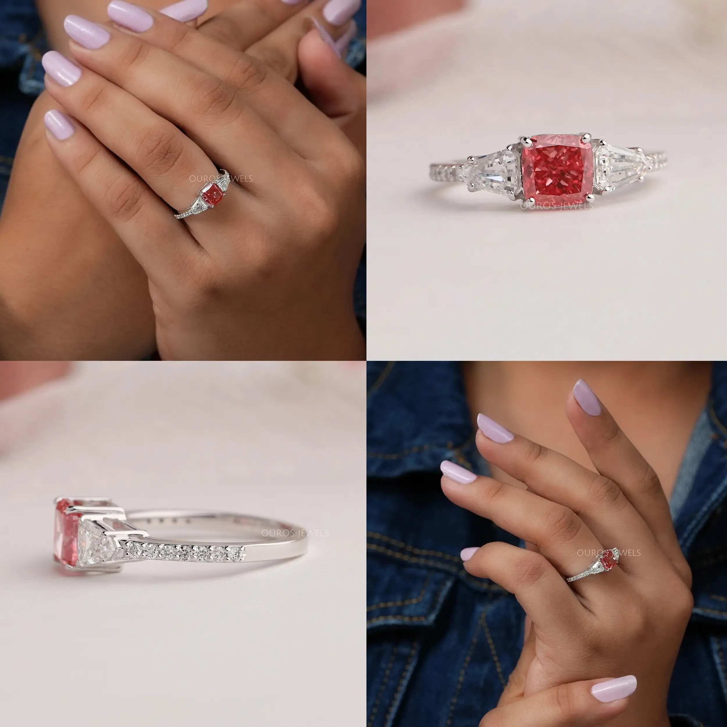 Three Stone Pink Cushion Accent  Diamond  Engagement Ring