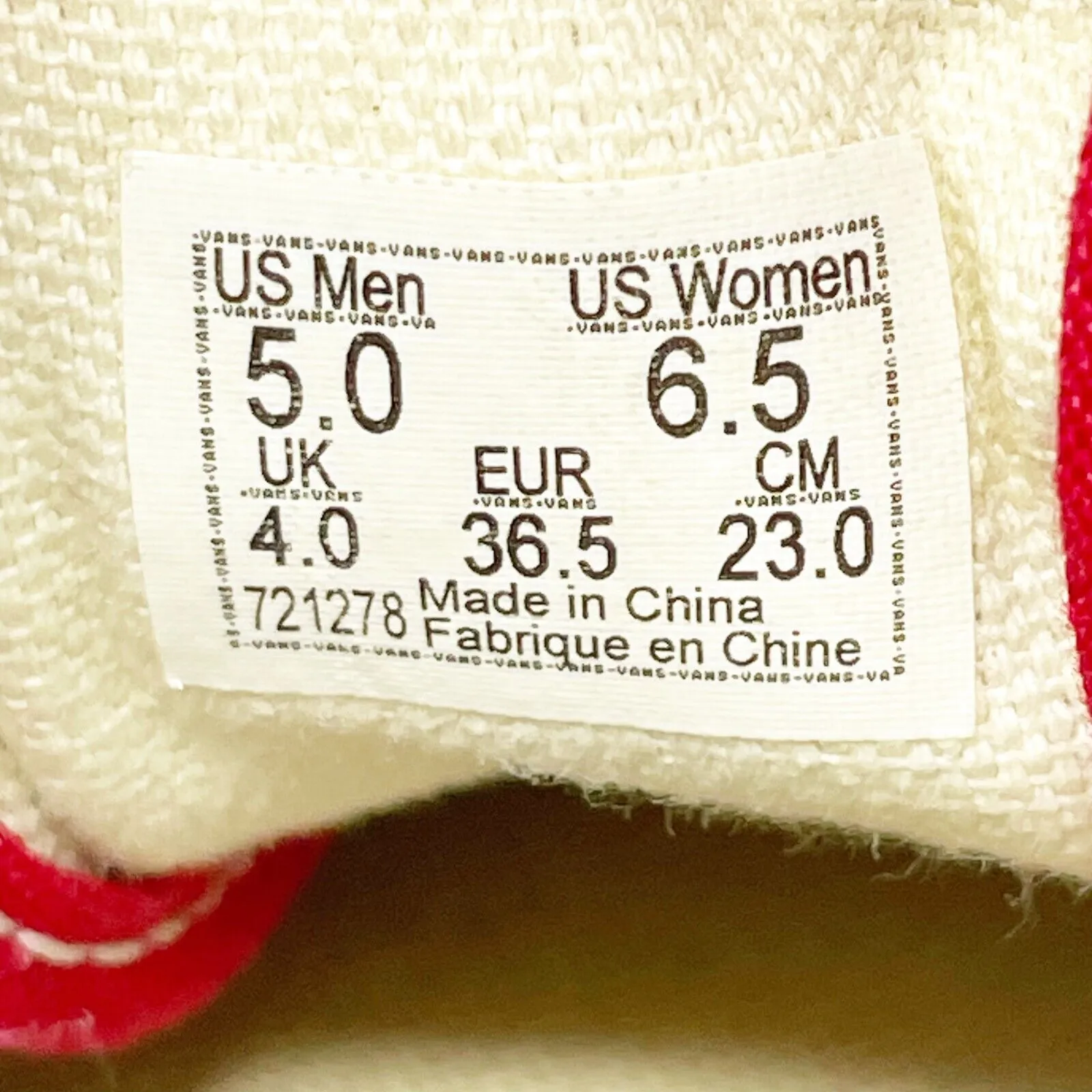Vans Unisex Era 721278 Red Casual Shoes Sneakers Size M 5 W 6.5
