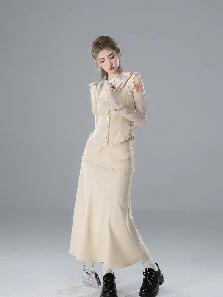 Vest&Blouse＆Long-Skirt Frill Lace Suspenders Ribbon Set-Up