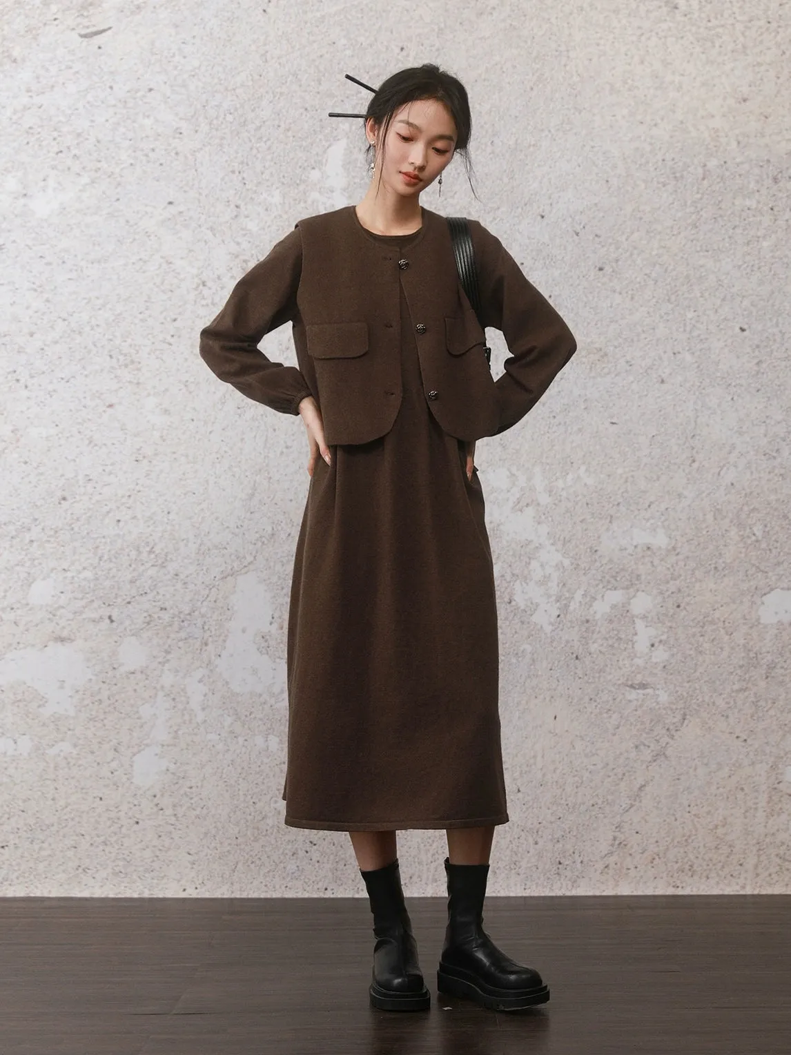 Waist Ribbon Mid-Length Knitted Dress & Short Vest Set-up