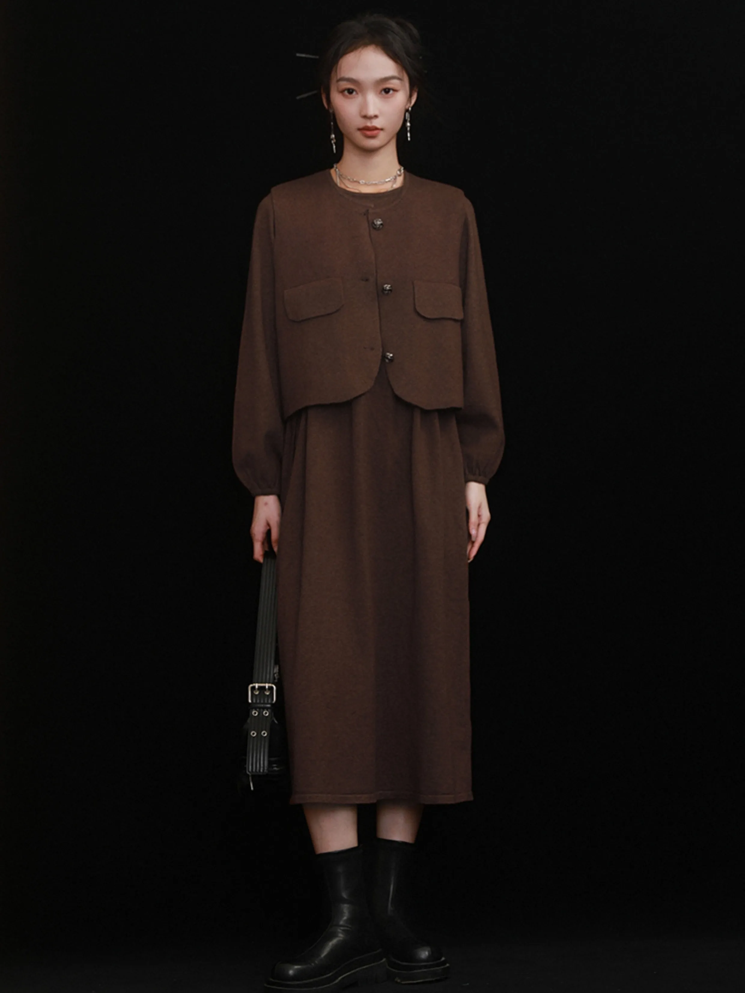 Waist Ribbon Mid-Length Knitted Dress & Short Vest Set-up